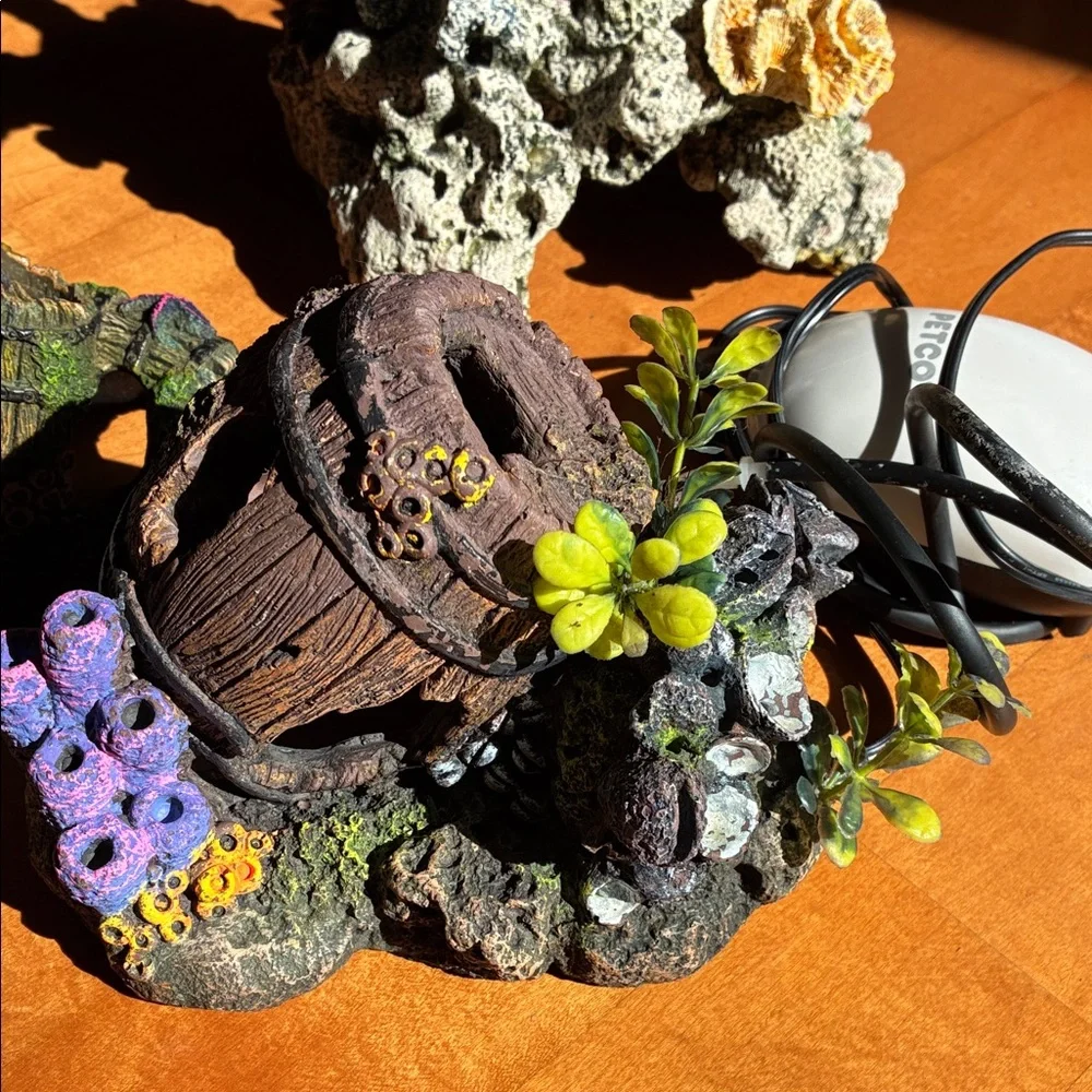 Aquarium Decor Set with Green and Orange Accents